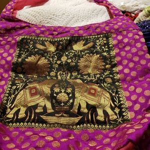 NEW Indian silk tote with  gold elephant